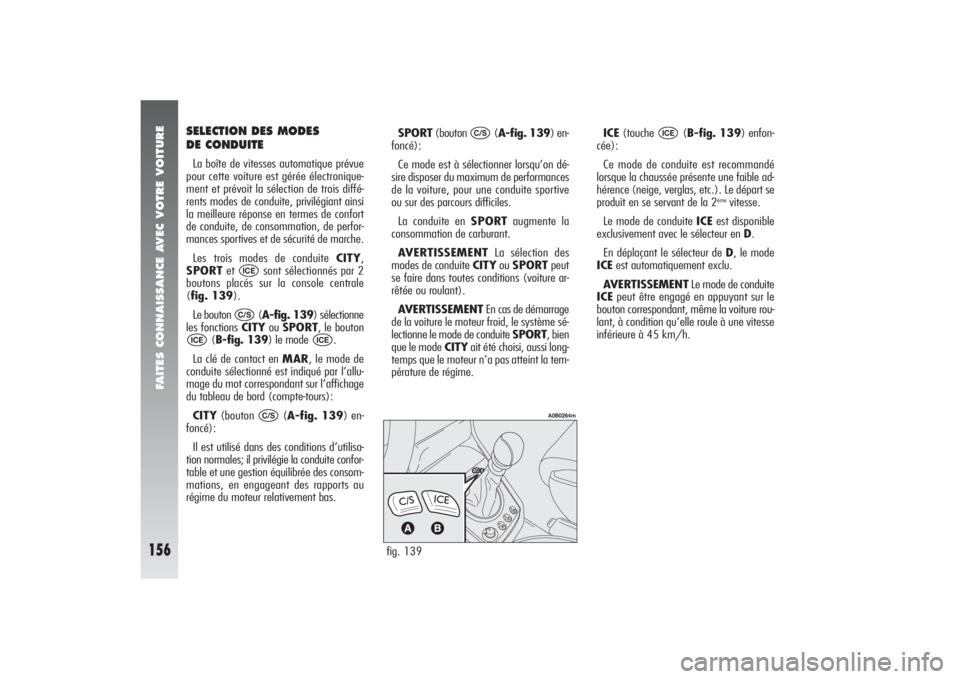 Alfa Romeo 156 2004  Notice dentretien (in French) FAITES CONNAISSANCE AVEC VOTRE VOITURE
156
SPORT(bouton (A-fig. 139) en-
foncé):
Ce mode est à sélectionner lorsqu’on dé-
sire disposer du maximum de performances
de la voiture, pour une conduit