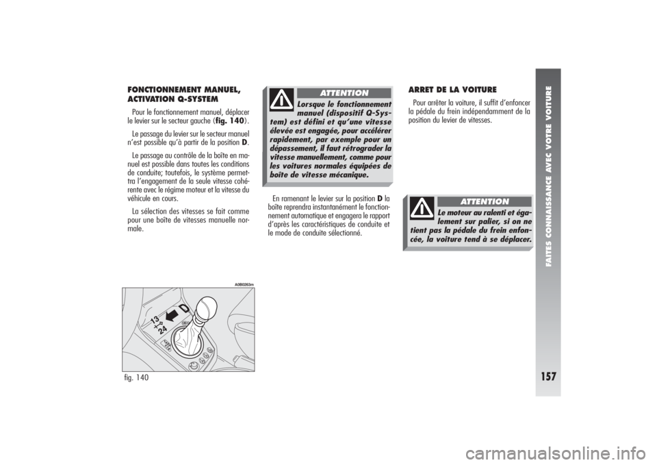 Alfa Romeo 156 2006  Notice dentretien (in French) FAITES CONNAISSANCE AVEC VOTRE VOITURE
157
FONCTIONNEMENT MANUEL,
ACTIVATION Q-SYSTEMPour le fonctionnement manuel, déplacer
le levier sur le secteur gauche (fig. 140).
Le passage du levier sur le se