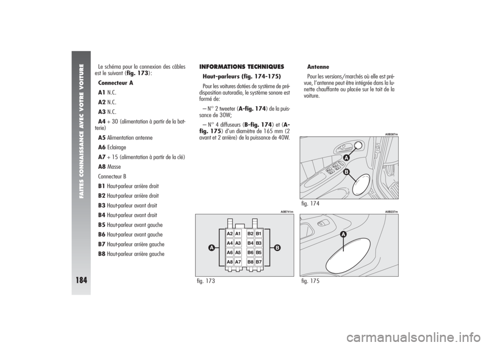 Alfa Romeo 156 2006  Notice dentretien (in French) FAITES CONNAISSANCE AVEC VOTRE VOITURE
184
Le schéma pour la connexion des câbles
est le suivant (fig. 173):
Connecteur A
A1N.C.
A2N.C.
A3N.C.
A4+ 30 (alimentation à partir de la bat-
terie)
A5Alim
