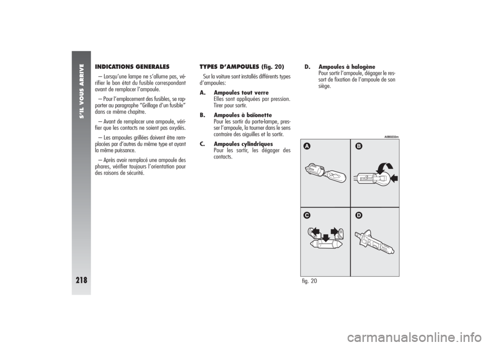 Alfa Romeo 156 2006  Notice dentretien (in French) S’IL VOUS ARRIVE
218
INDICATIONS GENERALES– Lorsqu’une lampe ne s’allume pas, vé-
rifier le bon état du fusible correspondant
avant de remplacer l’ampoule.
– Pour l’emplacement des fus