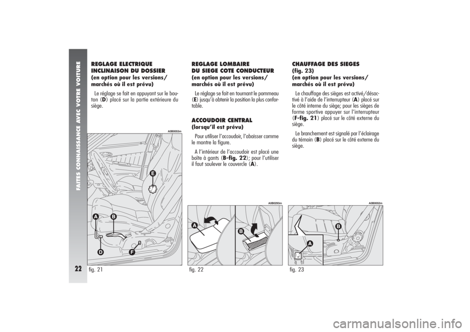 Alfa Romeo 156 2005  Notice dentretien (in French) FAITES CONNAISSANCE AVEC VOTRE VOITURE22
REGLAGE ELECTRIQUE
INCLINAISON DU DOSSIER (en option pour les versions/
marchés où il est prévu)
Le réglage se fait en appuyant sur le bou-
ton (D) placé 