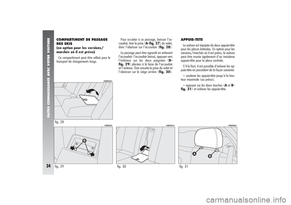 Alfa Romeo 156 2005  Notice dentretien (in French) FAITES CONNAISSANCE AVEC VOTRE VOITURE24
COMPARTIMENT DE PASSAGE
DES SKIS (en option pour les versions/
marchés où il est prévu)
Ce compartiment peut être utilisé pour le
transport de chargements