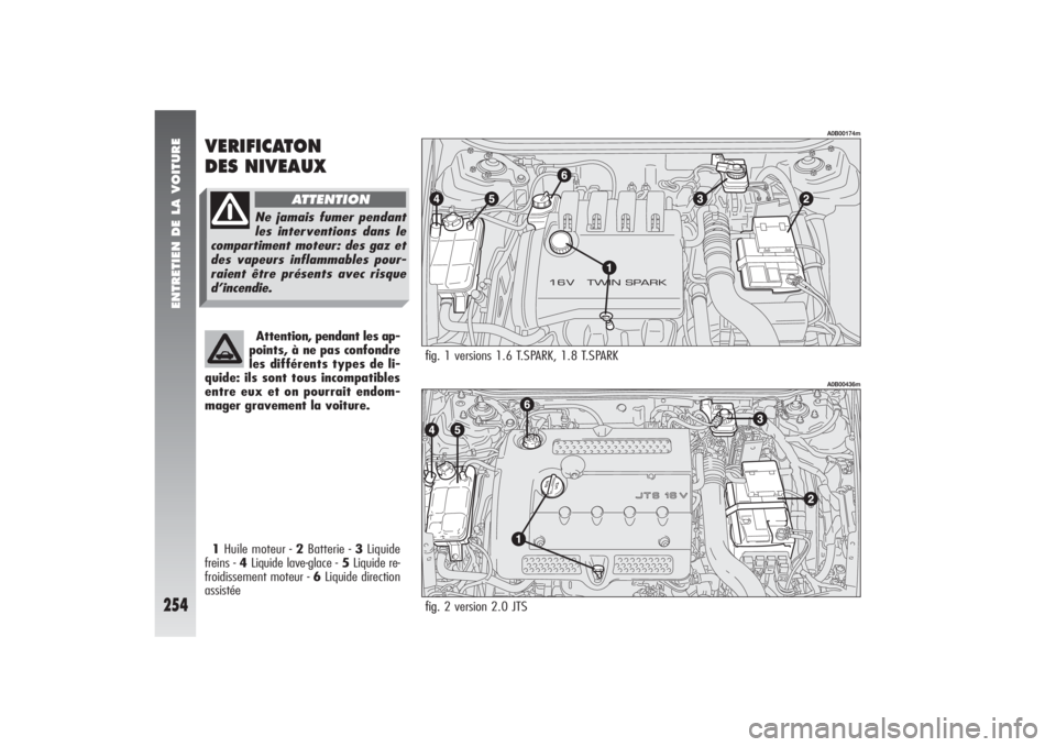 Alfa Romeo 156 2006  Notice dentretien (in French) ENTRETIEN DE LA VOITURE
254
fig. fig. fig. 2 version 2.0 JTS
A0B00436m
fig. 1 versions 1.6 T.SPARK, 1.8 T.SPARK
A0B00174m
VERIFICATON 
DES NIVEAUX 1Huile moteur - 2Batterie - 3Liquide
freins - 4Liquid