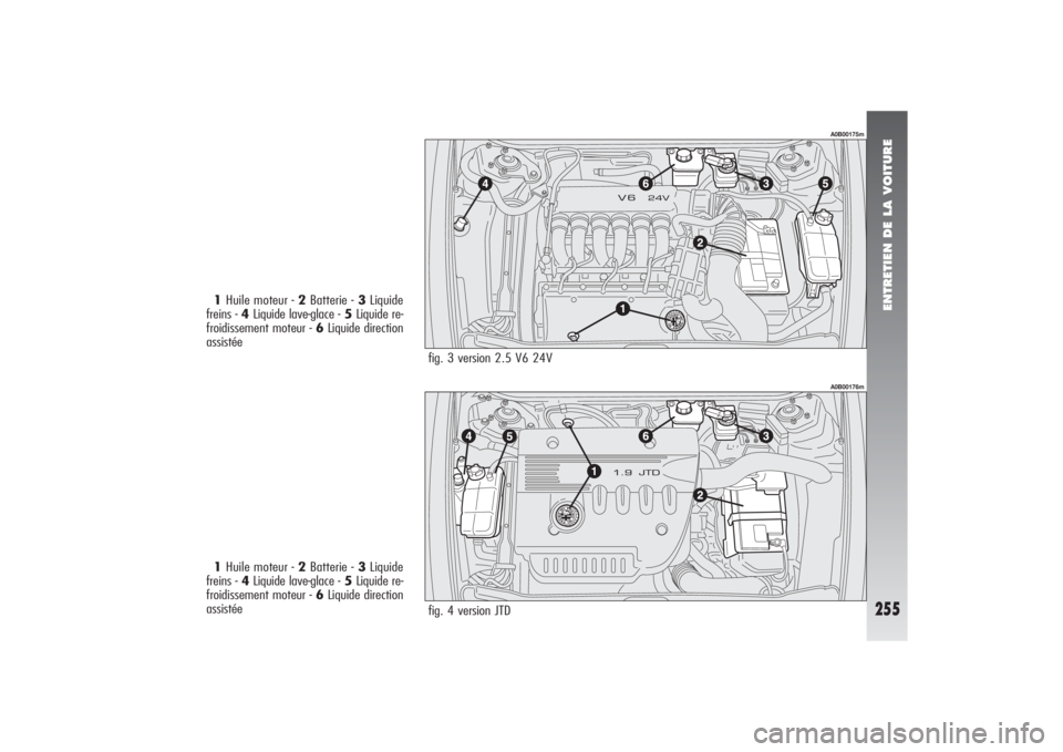 Alfa Romeo 156 2006  Notice dentretien (in French) ENTRETIEN DE LA VOITURE
255
fig. 3 version 2.5 V6 24V
fig. 4 version JTD
A0B00175mA0B00176m
1Huile moteur - 2Batterie - 3Liquide
freins - 4Liquide lave-glace - 5Liquide re-
froidissement moteur - 6Liq