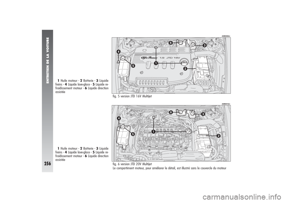 Alfa Romeo 156 2006  Notice dentretien (in French) ENTRETIEN DE LA VOITURE
256
A0B0558m
1Huile moteur - 2Batterie - 3Liquide 
freins - 4Liquide lave-glace - 5Liquide re-
froidissement moteur - 6Liquide direction
assistée
1Huile moteur - 2Batterie - 3