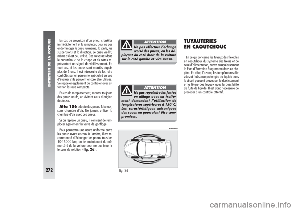 Alfa Romeo 156 2007 Notice dentretien (in French) ENTRETIEN DE LA VOITURE
272
fig. 26
A0B0589m
En cas de crevaison d’un pneu, s’arrêter
immédiatement et le remplacer, pour ne pas
endommager le pneu lui-même, la jante, les
suspensions et la dir Alfa Romeo 156 2007 Notice dentretien (in French) ENTRETIEN DE LA VOITURE
272
fig. 26
A0B0589m
En cas de crevaison d’un pneu, s’arrêter
immédiatement et le remplacer, pour ne pas
endommager le pneu lui-même, la jante, les
suspensions et la dir