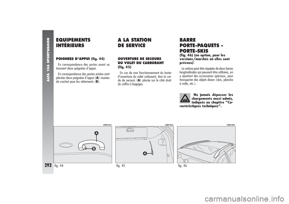 Alfa Romeo 156 2006 Notice dentretien (in French) ALFA 156 SPORTWAGON
292
A LA STATION
DE SERVICEOUVERTURE DE SECOURS
DU VOLET DU CARBURANT(fig. 45)
En cas de non fonctionnement du levier
d’ouverture du volet carburant, tirer la cor-
de de secour Alfa Romeo 156 2006 Notice dentretien (in French) ALFA 156 SPORTWAGON
292
A LA STATION
DE SERVICEOUVERTURE DE SECOURS
DU VOLET DU CARBURANT(fig. 45)
En cas de non fonctionnement du levier
d’ouverture du volet carburant, tirer la cor-
de de secour