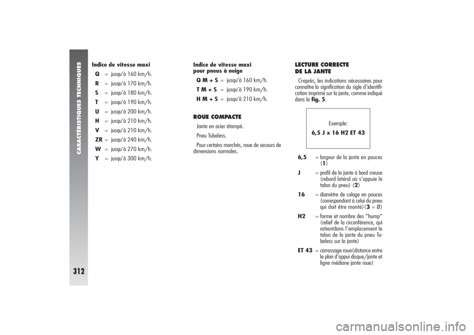 Alfa Romeo 156 2006 Notice dentretien (in French) CARACTÉRISTIQUES TECHNIQUES
312
LECTURE CORRECTE
DE LA JANTECi-après, les indications nécessaires pour
connaître la signification du sigle d’identifi-
cation imprimé sur la jante, comme indiqu Alfa Romeo 156 2006 Notice dentretien (in French) CARACTÉRISTIQUES TECHNIQUES
312
LECTURE CORRECTE
DE LA JANTECi-après, les indications nécessaires pour
connaître la signification du sigle d’identifi-
cation imprimé sur la jante, comme indiqu