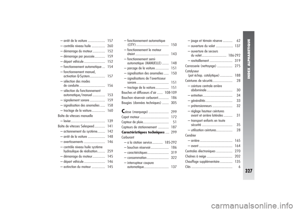 Alfa Romeo 156 2004  Notice dentretien (in French) INDEX ALPHABETIQUE 
327
– arrêt de la voiture .................. 157
– contrôle niveau huile ..............  260
– démarrage du moteur .............  152
– démarrage par poussée..........