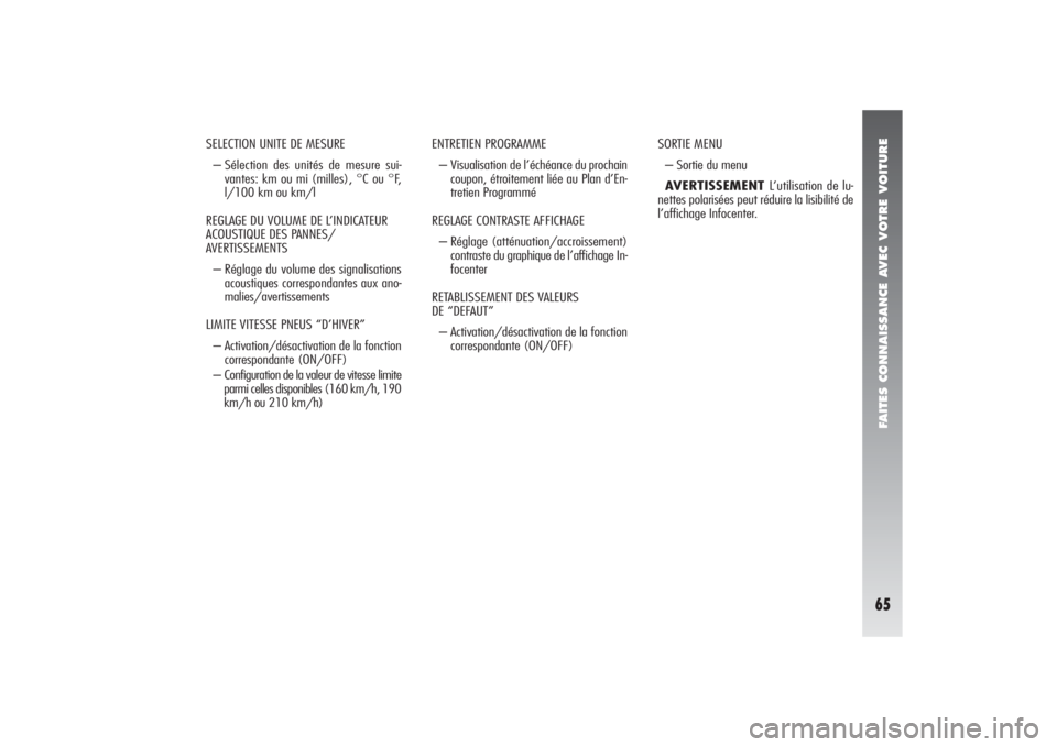 Alfa Romeo 156 2006 Notice dentretien (in French) FAITES CONNAISSANCE AVEC VOTRE VOITURE65
ENTRETIEN PROGRAMME
– Visualisation de l’échéance du prochain
coupon, étroitement liée au Plan d’En-
tretien Programmé
REGLAGE CONTRASTE AFFICHAGE
Alfa Romeo 156 2006 Notice dentretien (in French) FAITES CONNAISSANCE AVEC VOTRE VOITURE65
ENTRETIEN PROGRAMME
– Visualisation de l’échéance du prochain
coupon, étroitement liée au Plan d’En-
tretien Programmé
REGLAGE CONTRASTE AFFICHAGE