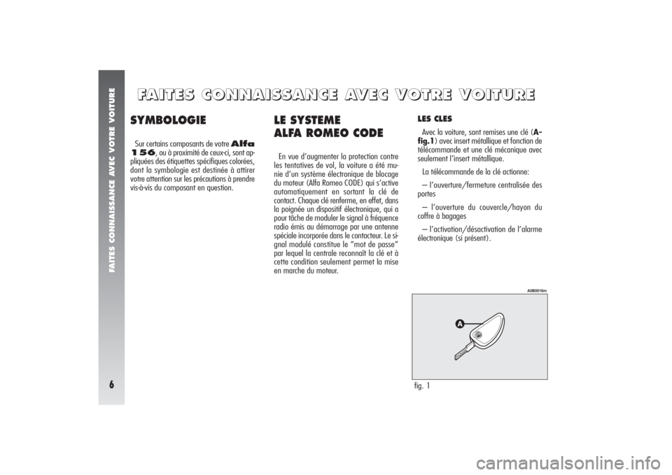 Alfa Romeo 156 2004 Notice dentretien (in French) FAITES CONNAISSANCE AVEC VOTRE VOITURE6
LE SYSTEME
ALFA ROMEO CODEEn vue d’augmenter la protection contre
les tentatives de vol, la voiture a été mu-
nie d’un système électronique de blocage
Alfa Romeo 156 2004 Notice dentretien (in French) FAITES CONNAISSANCE AVEC VOTRE VOITURE6
LE SYSTEME
ALFA ROMEO CODEEn vue d’augmenter la protection contre
les tentatives de vol, la voiture a été mu-
nie d’un système électronique de blocage