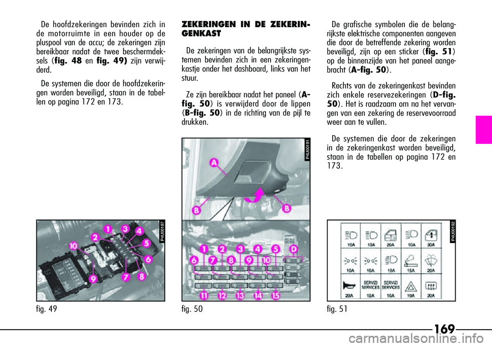 Alfa Romeo 156 2000 Instructieboek (in Dutch) 169
De hoofdzekeringen bevinden zich in
de motorruimte in een houder op de
pluspool van de accu; de zekeringen zijn
bereikbaar nadat de twee beschermdek-
sels (fig. 48 en fig. 49) zijn verwij-
derd.
Alfa Romeo 156 2000 Instructieboek (in Dutch) 169
De hoofdzekeringen bevinden zich in
de motorruimte in een houder op de
pluspool van de accu; de zekeringen zijn
bereikbaar nadat de twee beschermdek-
sels (fig. 48 en fig. 49) zijn verwij-
derd.