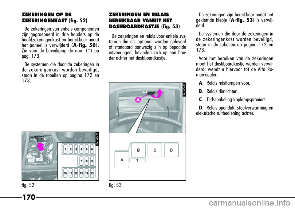 Alfa Romeo 156 2000 Instructieboek (in Dutch) 170
ZEKERINGEN EN RELAIS
BEREIKBAAR VANUIT HET
DASHBOARDKASTJE
(fig. 53)
De zekeringen en relais voor enkele sys-
temen die als optional worden geleverd
of standaard aanwezig zijn op bepaalde
uitvoer Alfa Romeo 156 2000 Instructieboek (in Dutch) 170
ZEKERINGEN EN RELAIS
BEREIKBAAR VANUIT HET
DASHBOARDKASTJE
(fig. 53)
De zekeringen en relais voor enkele sys-
temen die als optional worden geleverd
of standaard aanwezig zijn op bepaalde
uitvoer