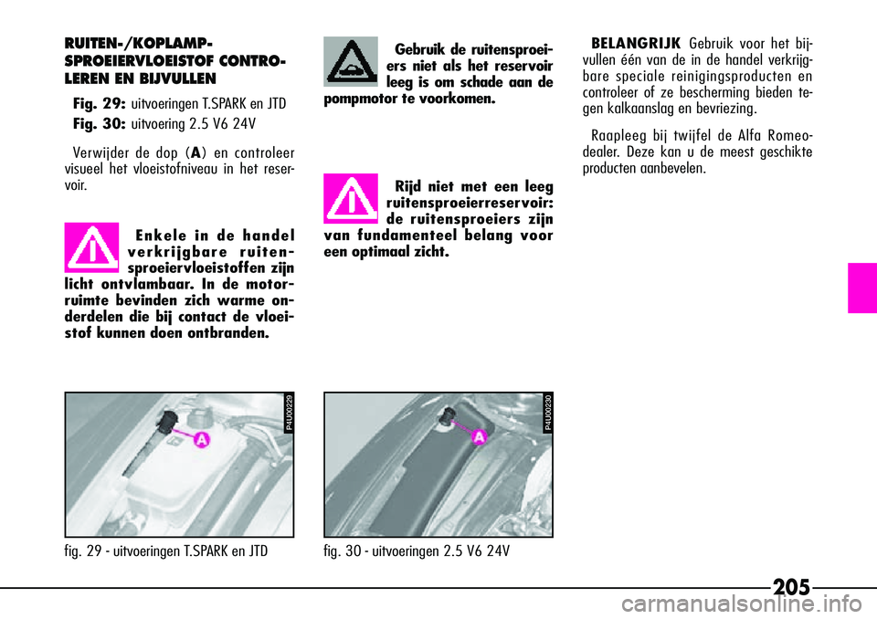 Alfa Romeo 156 2000 Instructieboek (in Dutch) 205
RUITEN-/KOPLAMP-
SPROEIERVLOEISTOF CONTRO-
LEREN EN BIJVULLEN
Fig. 29:uitvoeringen T.SPARK en JTD
Fig. 30: uitvoering 2.5 V6 24V
Ver wijder de dop (A ) en controleer
visueel het vloeistofniveau i Alfa Romeo 156 2000 Instructieboek (in Dutch) 205
RUITEN-/KOPLAMP-
SPROEIERVLOEISTOF CONTRO-
LEREN EN BIJVULLEN
Fig. 29:uitvoeringen T.SPARK en JTD
Fig. 30: uitvoering 2.5 V6 24V
Ver wijder de dop (A ) en controleer
visueel het vloeistofniveau i