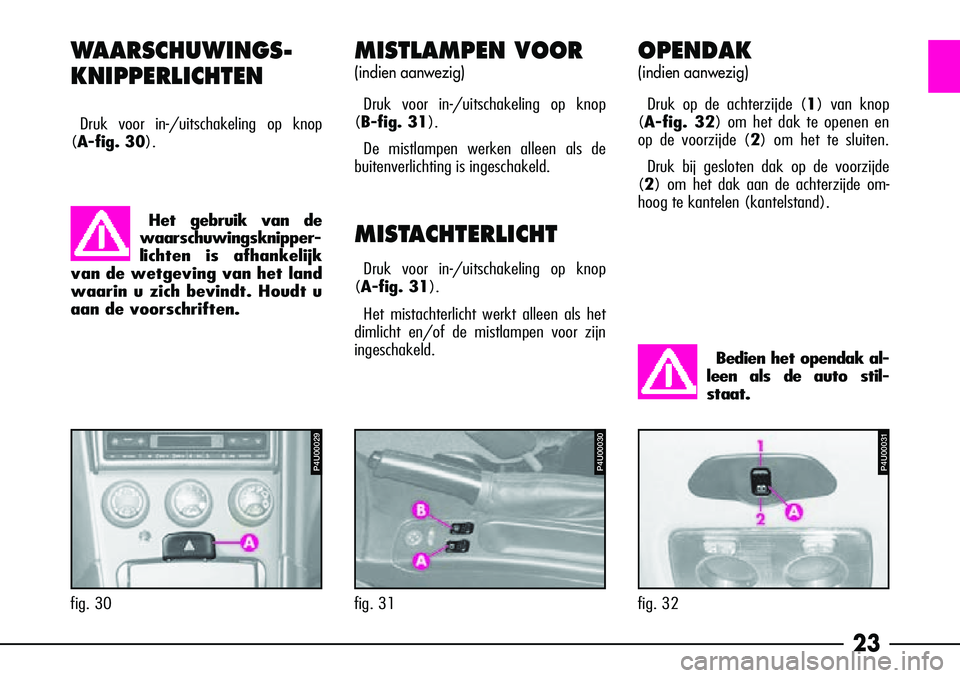Alfa Romeo 156 2001  Instructieboek (in Dutch) 23
WAARSCHUWINGS-
KNIPPERLICHTEN
Druk voor in-/uitschakeling op knop
(A-fig. 30).
MISTLAMPEN VOOR
(indien aanwezig)
Druk voor in-/uitschakeling op knop
(B-fig. 31). 
De mistlampen werken alleen als de