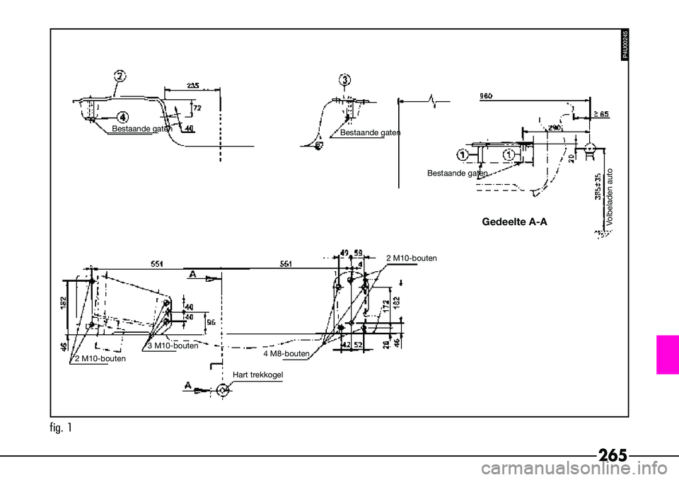 Alfa Romeo 156 2002  Instructieboek (in Dutch) 265
P4U00245
fig. 1
Bestaande gatenBestaande gaten
Bestaande gaten
Volbeladen auto
2 M10-bouten
4 M8-bouten
Hart trekkogel
3 M10-bouten
2 M10-bouten
Gedeelte A-A 