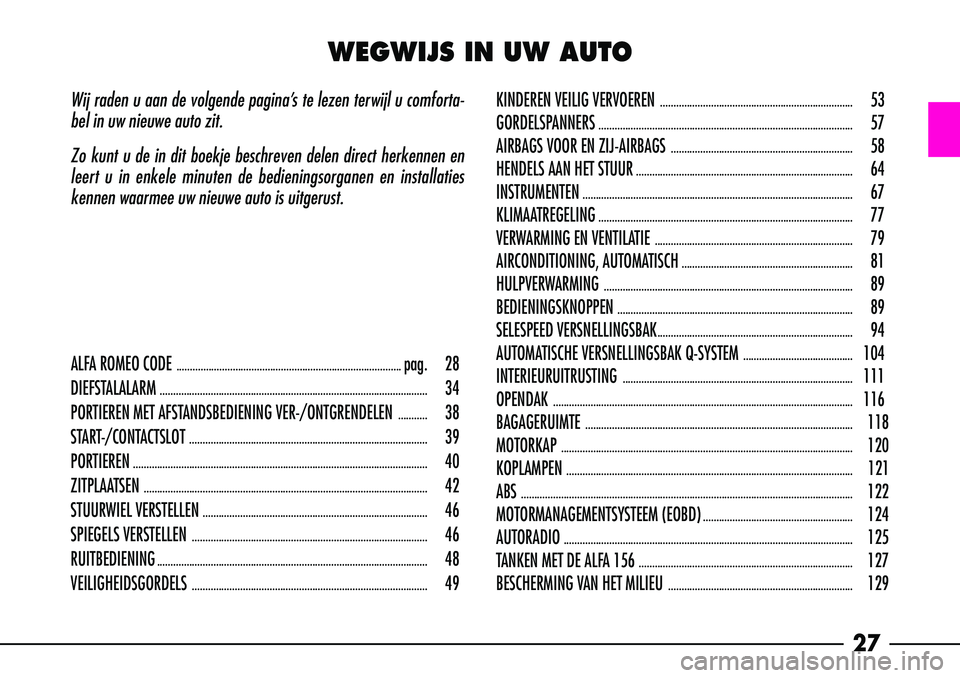 Alfa Romeo 156 2001  Instructieboek (in Dutch) 27
Wij raden u aan de volgende pagina’s te lezen terwijl u comforta-
bel in uw nieuwe auto zit.
Zo kunt u de in dit boekje beschreven delen direct herkennen en
leert u in enkele minuten de bediening