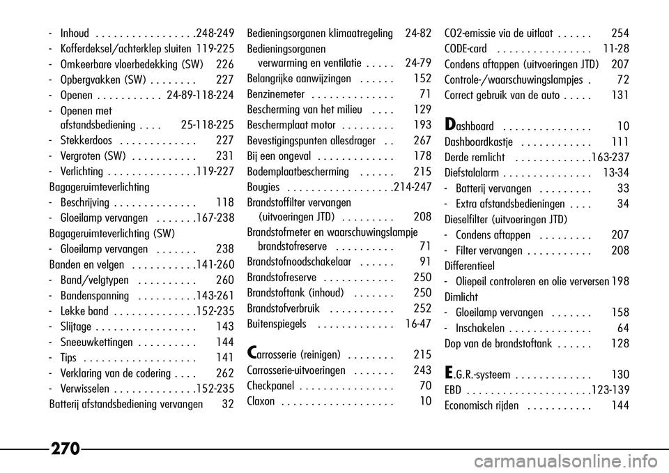 Alfa Romeo 156 2002  Instructieboek (in Dutch) 270
-Inhoud  . . . . . . . . . . . . . . . . .248-249
- Kofferdeksel/achterklep sluiten 119-225
- Omkeerbare vloerbedekking (SW) 226
- Opbergvakken (SW) . . . . . . . . 227
- Openen  . . . . . . . . .