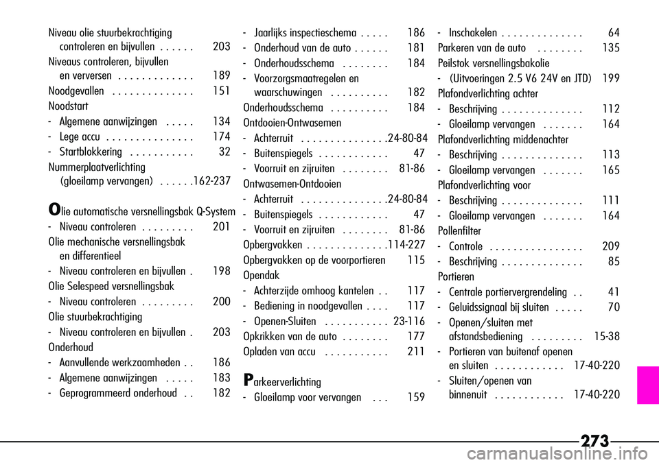 Alfa Romeo 156 2000 Instructieboek (in Dutch) 273
Niveau olie stuurbekrachtiging controleren en bijvullen . . . . . . 203
Niveaus controleren, bijvullen en verversen . . . . . . . . . . . . . 189
Noodgevallen . . . . . . . . . . . . . . 151
N Alfa Romeo 156 2000 Instructieboek (in Dutch) 273
Niveau olie stuurbekrachtiging controleren en bijvullen . . . . . . 203
Niveaus controleren, bijvullen en verversen . . . . . . . . . . . . . 189
Noodgevallen . . . . . . . . . . . . . . 151
N