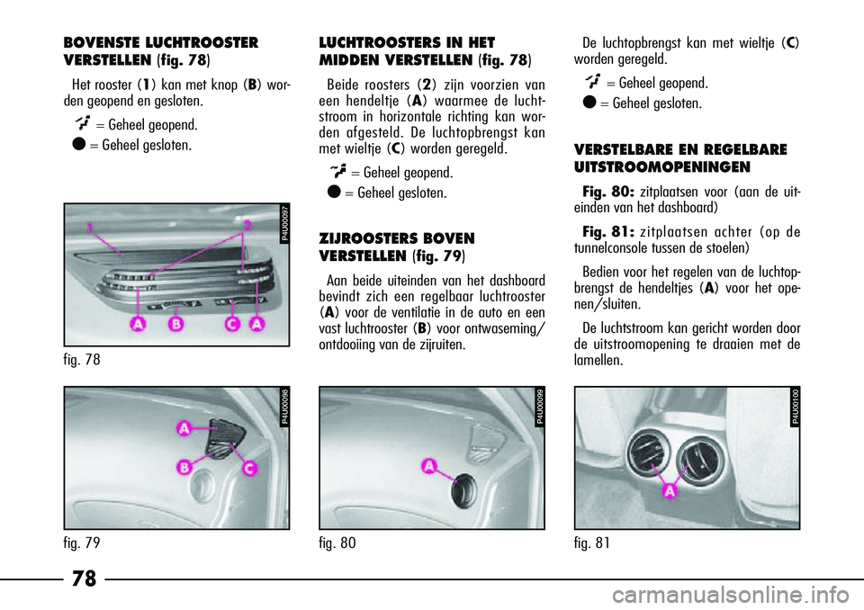 Alfa Romeo 156 2000 Instructieboek (in Dutch) 78
BOVENSTE LUCHTROOSTER
VERSTELLEN (
fig. 78)
Het rooster (1) kan met knop ( B) wor-
den geopend en gesloten.
= Geheel geopend.
●= Geheel gesloten.
LUCHTROOSTERS IN HET
MIDDEN VERSTELLEN (
fig. 78) Alfa Romeo 156 2000 Instructieboek (in Dutch) 78
BOVENSTE LUCHTROOSTER
VERSTELLEN (
fig. 78)
Het rooster (1) kan met knop ( B) wor-
den geopend en gesloten.
= Geheel geopend.
●= Geheel gesloten.
LUCHTROOSTERS IN HET
MIDDEN VERSTELLEN (
fig. 78)