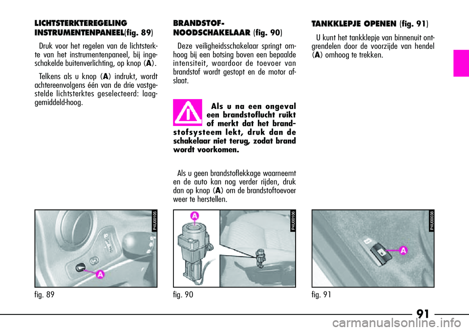 Alfa Romeo 156 2000 Instructieboek (in Dutch) 91
P4U00106
fig. 90fig. 91
P4U00105
fig. 89 Als u na een ongeval
een brandstoflucht ruikt
of merkt dat het brand-
stofsysteem lekt, druk dan de
schakelaar niet terug, zodat brand
wordt voorkomen.
LICH Alfa Romeo 156 2000 Instructieboek (in Dutch) 91
P4U00106
fig. 90fig. 91
P4U00105
fig. 89 Als u na een ongeval
een brandstoflucht ruikt
of merkt dat het brand-
stofsysteem lekt, druk dan de
schakelaar niet terug, zodat brand
wordt voorkomen.
LICH