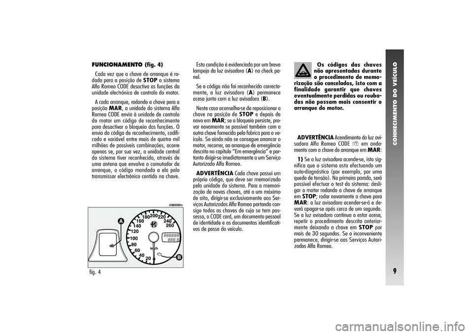 Alfa Romeo 156 2005  Manual de Uso e Manutenção (in Portuguese) CONHECIMENTO DO VEÍCULO9
FUNCIONAMENTO 
(fig. 4)
Cada vez que a chave de arranque é ro-
dada para a posição de STOPo sistema
Alfa Romeo CODE desactiva as funções da
unidade electrónica de contr