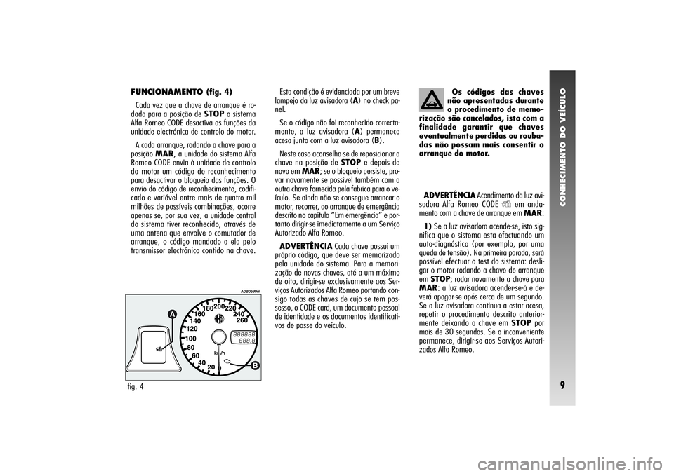 Alfa Romeo 156 2005 Manual de Uso e Manutenção (in Portuguese) CONHECIMENTO DO VEÍCULO9
FUNCIONAMENTO
(fig. 4)
Cada vez que a chave de arranque é ro-
dada para a posição de STOPo sistema
Alfa Romeo CODE desactiva as funções da
unidade electrónica de contr Alfa Romeo 156 2005 Manual de Uso e Manutenção (in Portuguese) CONHECIMENTO DO VEÍCULO9
FUNCIONAMENTO
(fig. 4)
Cada vez que a chave de arranque é ro-
dada para a posição de STOPo sistema
Alfa Romeo CODE desactiva as funções da
unidade electrónica de contr