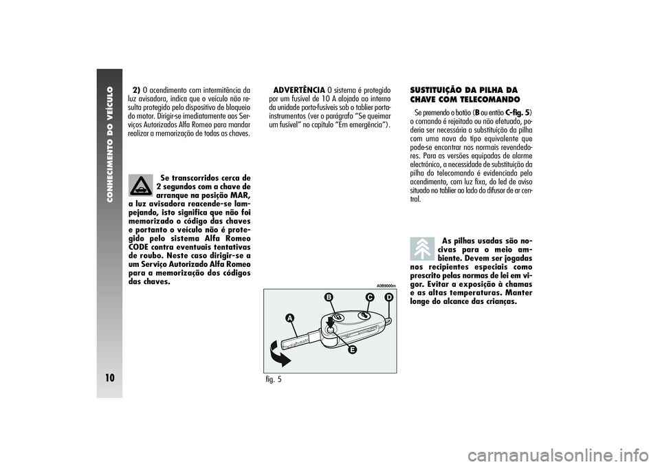 Alfa Romeo 156 2005 Manual de Uso e Manutenção (in Portuguese) CONHECIMENTO DO VEÍCULO10
2)O acendimento com intermitência da
luz avisadora, indica que o veículo não re-
sulta protegido pelo dispositivo de bloqueio
do motor. Dirigir-se imediatamente aos Ser-
Alfa Romeo 156 2005 Manual de Uso e Manutenção (in Portuguese) CONHECIMENTO DO VEÍCULO10
2)O acendimento com intermitência da
luz avisadora, indica que o veículo não re-
sulta protegido pelo dispositivo de bloqueio
do motor. Dirigir-se imediatamente aos Ser-