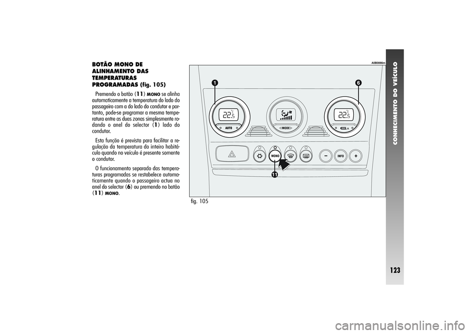 Alfa Romeo 156 2004  Manual de Uso e Manutenção (in Portuguese) CONHECIMENTO DO VEÍCULO
123
fig. 105
A0B0066m
BOTÃO MONO DE
ALINHAMENTO DAS
TEMPERATURAS
PROGRAMADAS 
(fig. 105)
Premendo o botão (11) 
MONO
se alinha
automaticamente a temperatura do lado do
passa