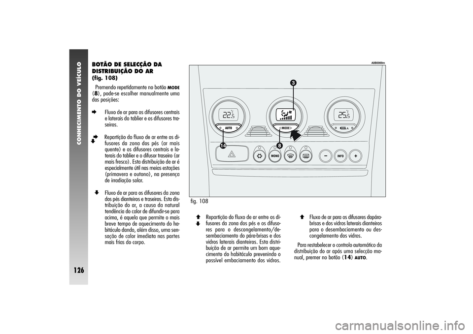 Alfa Romeo 156 2004  Manual de Uso e Manutenção (in Portuguese) CONHECIMENTO DO VEÍCULO
126
BOTÃO DE SELECÇÃO DA
DISTRIBUIÇÃO DO AR(fig. 108)
Premendo repetidamente no botão 
MODE
(8), pode-se escolher manualmente uma
das posições:E
Fluxo de ar para os di