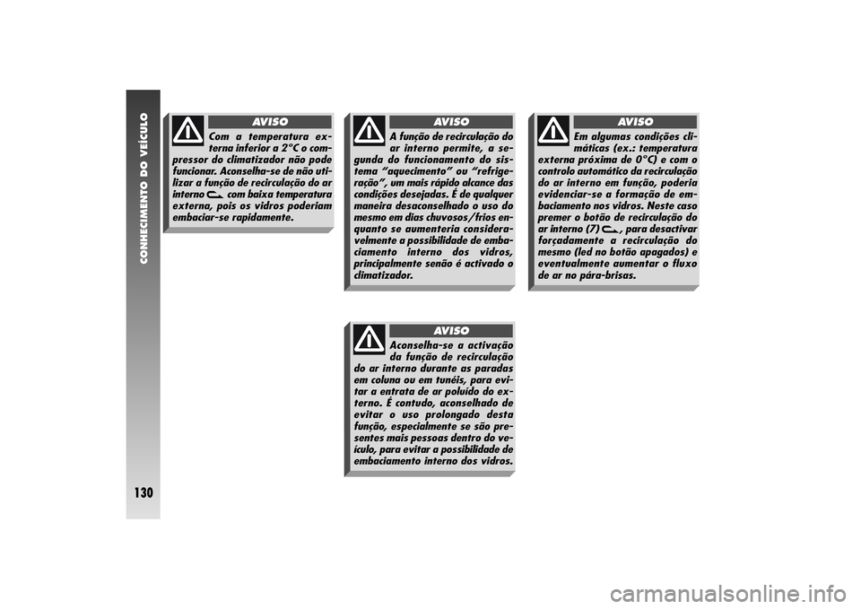 Alfa Romeo 156 2004  Manual de Uso e Manutenção (in Portuguese) CONHECIMENTO DO VEÍCULO
130
Com a temperatura ex-
terna inferior a 2°C o com-
pressor do climatizador não pode
funcionar. Aconselha-se de não uti-
lizar a função de recirculação do ar
interno 