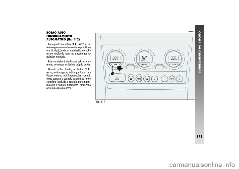 Alfa Romeo 156 2004  Manual de Uso e Manutenção (in Portuguese) CONHECIMENTO DO VEÍCULO
131
BOTÃO AUTO
FUNCIONAMENTO
AUTOMÁTICO 
(fig. 112)
Carregando no botão (14) 
AUTO
o sis-
tema regula automaticamente a quantidade
e a distribuição de ar introduzido no h