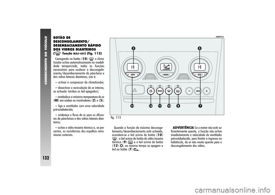 Alfa Romeo 156 2004  Manual de Uso e Manutenção (in Portuguese) CONHECIMENTO DO VEÍCULO
132
fig. 113
A0B0074m
BOTÃO DE
DESCONGELAMENTO/
DESEMBACIAMENTO RÁPIDO
DOS VIDROS DIANTEIROS(-
função 
MÁX
-DEF
) (fig. 113)
Carregando no botão (10) 
-
o clima-
tizador