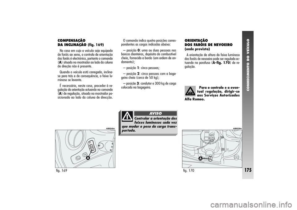 Alfa Romeo 156 2004  Manual de Uso e Manutenção (in Portuguese) CONHECIMENTO DO VEÍCULO
175
COMPENSAÇÃO 
DA INCLINAÇÃO 
(fig. 169)
No caso em cujo o veículo seja equipado
de faróis ao xeno, o controlo de orientação
dos faróis é electrónico, portanto o 