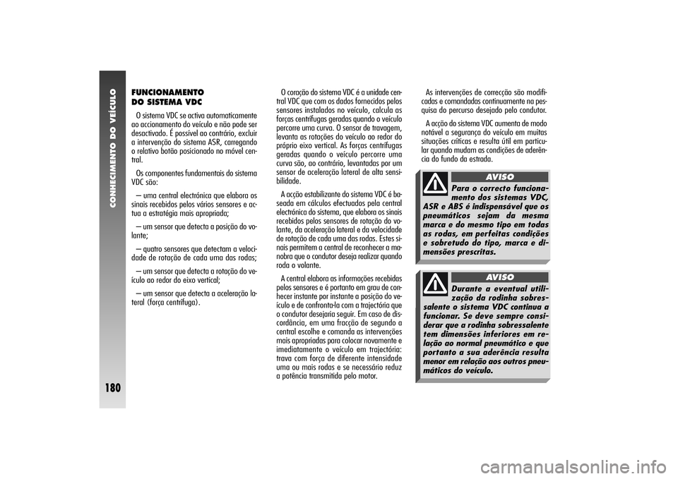 Alfa Romeo 156 2004 Manual de Uso e Manutenção (in Portuguese) CONHECIMENTO DO VEÍCULO
180
O coração do sistema VDC é a unidade cen-
tral VDC que com os dados fornecidos pelos
sensores instalados no veículo, calcula as
forças centrífugas geradas quando o v Alfa Romeo 156 2004 Manual de Uso e Manutenção (in Portuguese) CONHECIMENTO DO VEÍCULO
180
O coração do sistema VDC é a unidade cen-
tral VDC que com os dados fornecidos pelos
sensores instalados no veículo, calcula as
forças centrífugas geradas quando o v
