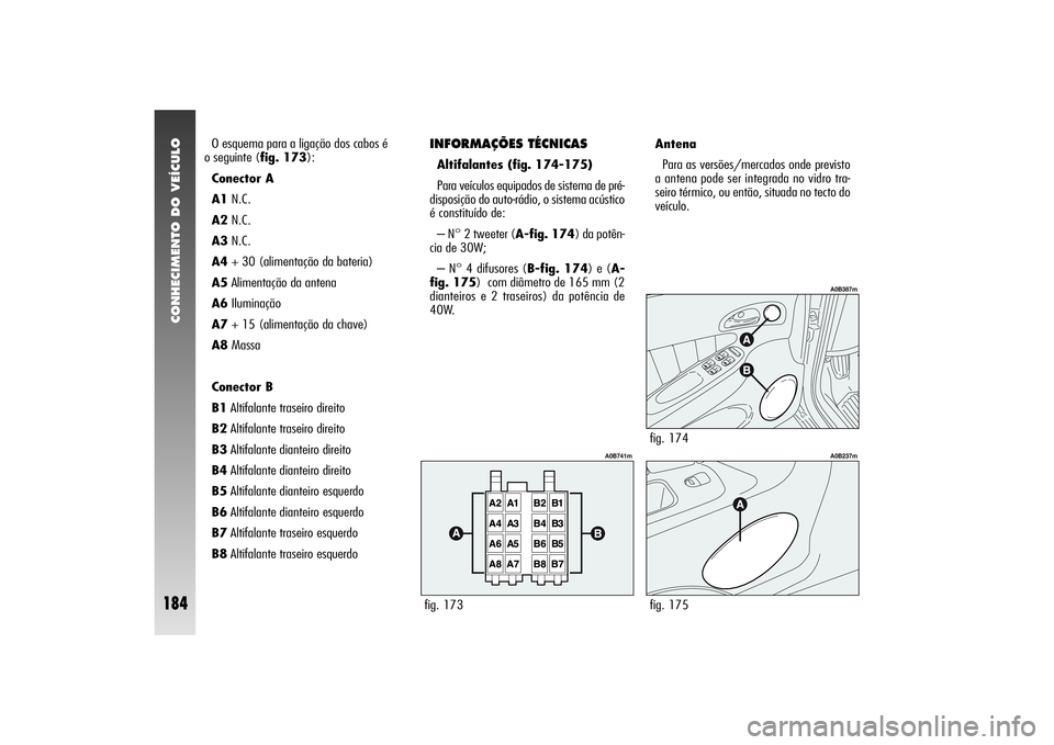 Alfa Romeo 156 2004 Manual de Uso e Manutenção (in Portuguese) CONHECIMENTO DO VEÍCULO
184
O esquema para a ligação dos cabos é
o seguinte (fig. 173):
Conector A
A1N.C.
A2N.C.
A3N.C.
A4+ 30 (alimentação da bateria)
A5Alimentação da antena
A6Iluminação
A Alfa Romeo 156 2004 Manual de Uso e Manutenção (in Portuguese) CONHECIMENTO DO VEÍCULO
184
O esquema para a ligação dos cabos é
o seguinte (fig. 173):
Conector A
A1N.C.
A2N.C.
A3N.C.
A4+ 30 (alimentação da bateria)
A5Alimentação da antena
A6Iluminação
A