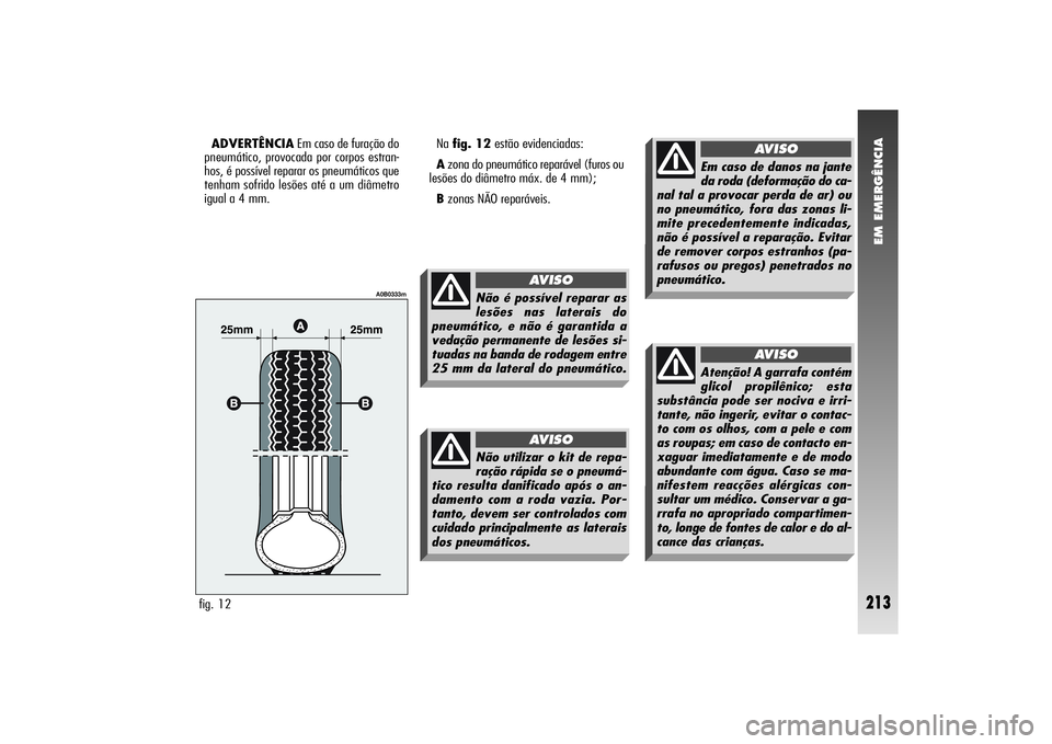 Alfa Romeo 156 2006  Manual de Uso e Manutenção (in Portuguese) EM EMERGÊNCIA
213
fig. 12
A0B0333m
ADVERTÊNCIAEm caso de furação do
pneumático, provocada por corpos estran-
hos, é possível reparar os pneumáticos que
tenham sofrido lesões até a um diâmet