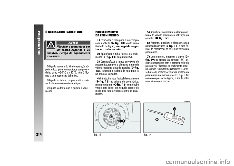 Alfa Romeo 156 2006  Manual de Uso e Manutenção (in Portuguese) EM EMERGÊNCIA
214
PROCEDIMENTO
DE ENCHIMENTO1)Posicionar a roda para a intervenção
com a válvula (A-fig. 13) virada como
ilustrado na figura, em seguida enga-
tar o travão de mão. 
2)Aparafusar 