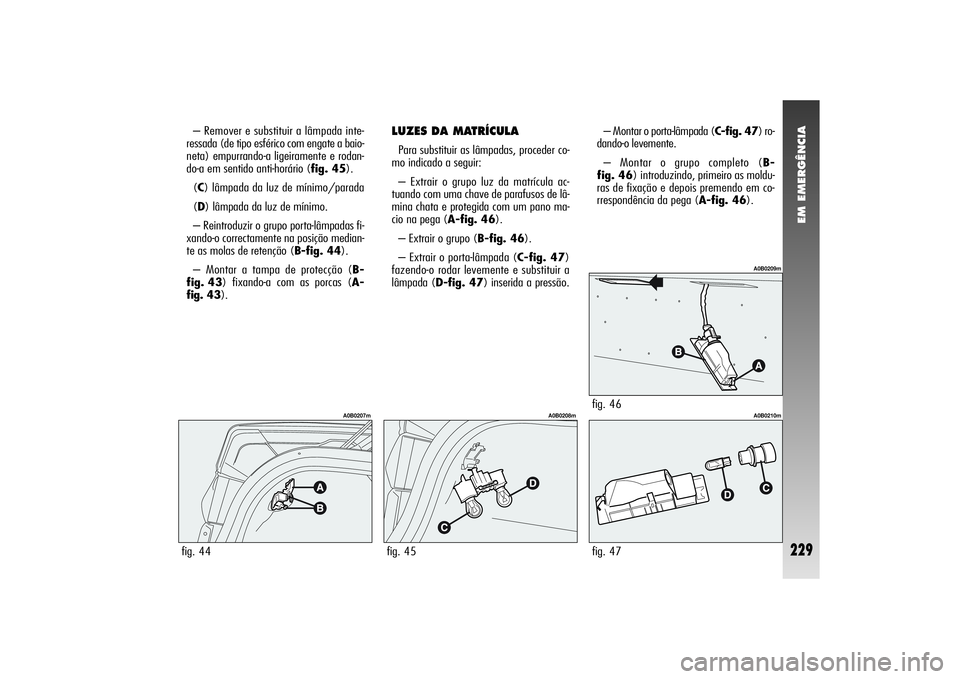 Alfa Romeo 156 2004  Manual de Uso e Manutenção (in Portuguese) EM EMERGÊNCIA
229
– Remover e substituir a lâmpada inte-
ressada (de tipo esférico com engate a baio-
neta) empurrando-a ligeiramente e rodan-
do-a em sentido anti-horário (fig. 45).
(C) lâmpad