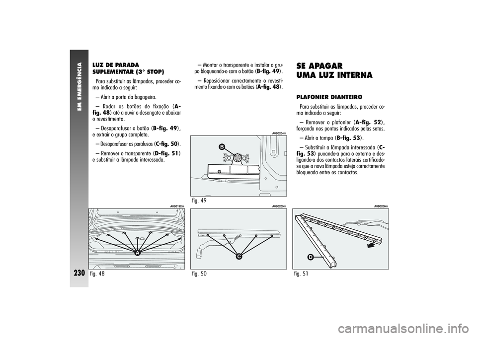 Alfa Romeo 156 2004  Manual de Uso e Manutenção (in Portuguese) EM EMERGÊNCIA
230
LUZ DE PARADA
SUPLEMENTAR (3° STOP)Para substituir as lâmpadas, proceder co-
mo indicado a seguir:
– Abrir a porta da bagageira.
– Rodar os botões de fixação (A-
fig. 48) a