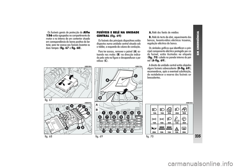 Alfa Romeo 156 2004  Manual de Uso e Manutenção (in Portuguese) EM EMERGÊNCIA
235
Os fusíveis gerais de protecção do Alfa
156estão agrupados no compartimento do
motor e no interno de um contentor situado
em correspondência do borne positivo da ba-
teria; par