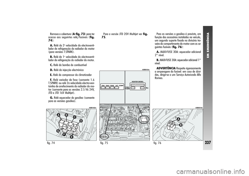 Alfa Romeo 156 2005  Manual de Uso e Manutenção (in Portuguese) EM EMERGÊNCIA
237
Remova a cobertura (A-fig. 73) para ter
acesso aos seguintes relé/fusíveis (fig.
74):
A.Relé da 2
avelocidade do electroventi-
lador de refrigeração do radiador do motor
(para 