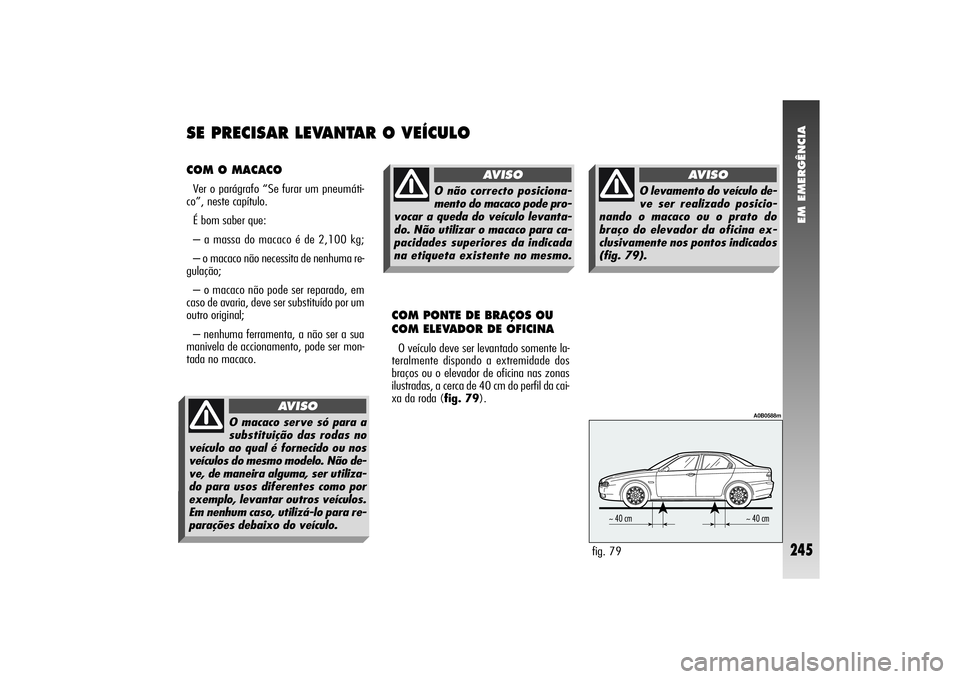 Alfa Romeo 156 2006  Manual de Uso e Manutenção (in Portuguese) EM EMERGÊNCIA
245
COM O MACACOVer o parágrafo “Se furar um pneumáti-
co”, neste capítulo.
É bom saber que:
– a massa do macaco é de 2,100 kg;
– o macaco não necessita de nenhuma re-
gul