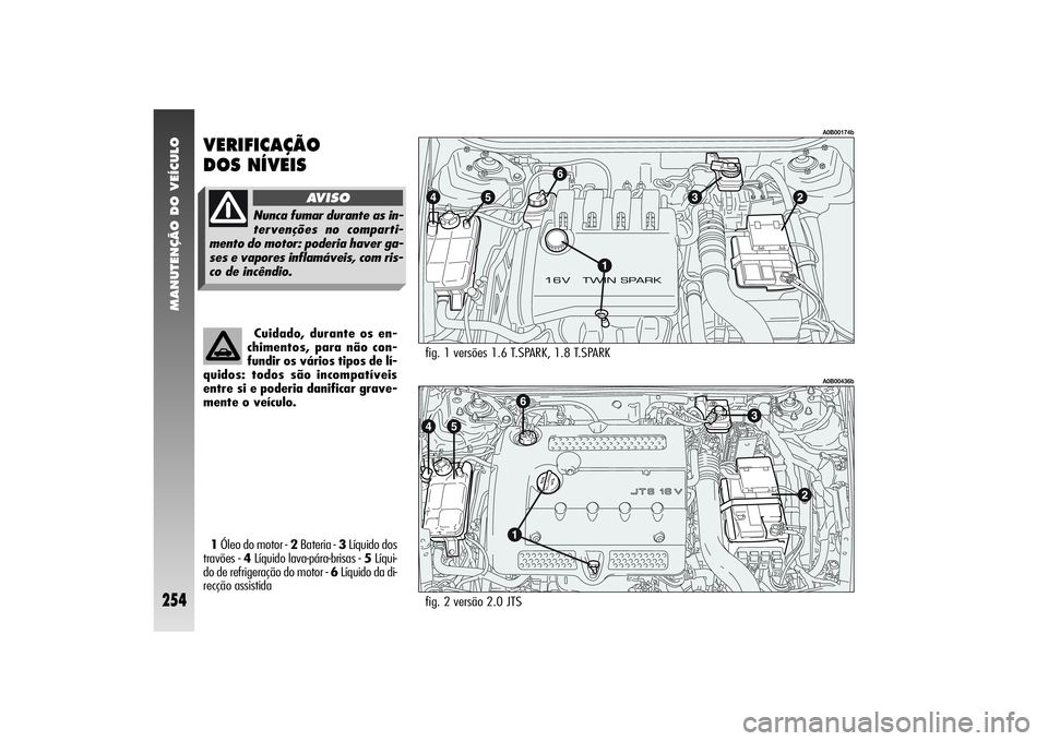 Alfa Romeo 156 2006 Manual de Uso e Manutenção (in Portuguese) MANUTENÇÃO DO VEÍCULO
254
fig. 2 versão 2.0 JTS
A0B00436b
fig. 1 versões 1.6 T.SPARK, 1.8 T.SPARK
A0B00174b
VERIFICAÇÃO
DOS NÍVEIS1Óleo do motor - 2Bateria - 3Líquido dos
travões - 4Líqu Alfa Romeo 156 2006 Manual de Uso e Manutenção (in Portuguese) MANUTENÇÃO DO VEÍCULO
254
fig. 2 versão 2.0 JTS
A0B00436b
fig. 1 versões 1.6 T.SPARK, 1.8 T.SPARK
A0B00174b
VERIFICAÇÃO
DOS NÍVEIS1Óleo do motor - 2Bateria - 3Líquido dos
travões - 4Líqu