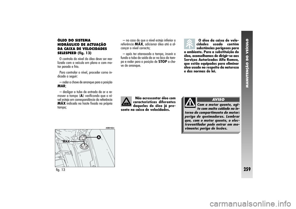 Alfa Romeo 156 2004  Manual de Uso e Manutenção (in Portuguese) MANUTENÇÃO DO VEÍCULO
259
– no caso de que o nível esteja inferior a
referência MÁX, adicionar óleo até a al-
cançar o nível correcto;
– após ter atarraxado a tampa, inserir a
fundo o t