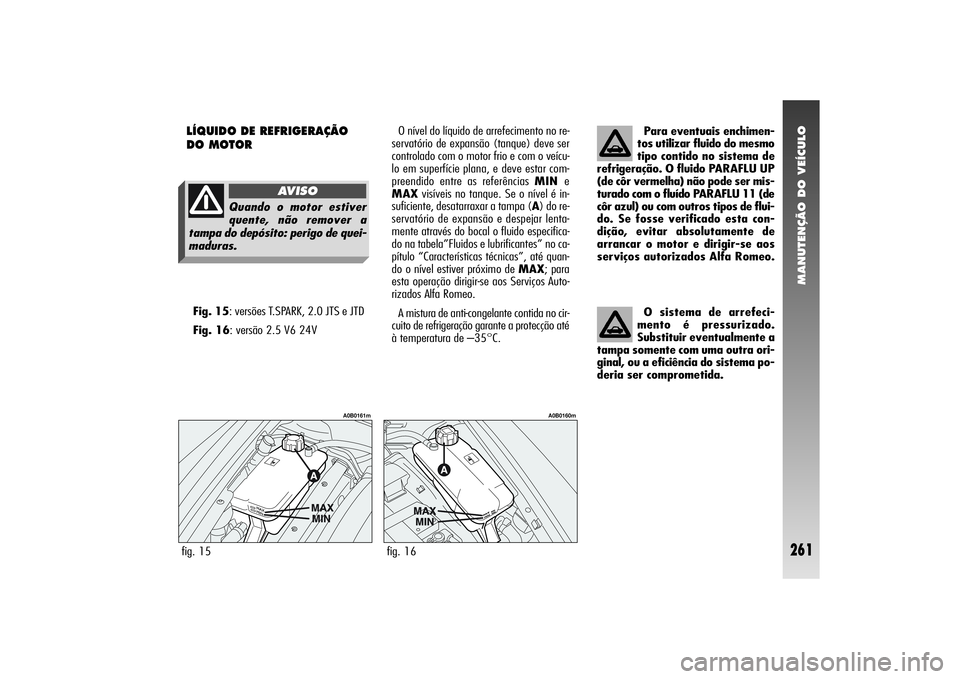 Alfa Romeo 156 2004  Manual de Uso e Manutenção (in Portuguese) MANUTENÇÃO DO VEÍCULO
261
LÍQUIDO DE REFRIGERAÇÃO
DO MOTOR 
Para eventuais enchimen-
tos utilizar fluido do mesmo
tipo contido no sistema de
refrigeração. O fluido PARAFLU UP
(de côr vermelha