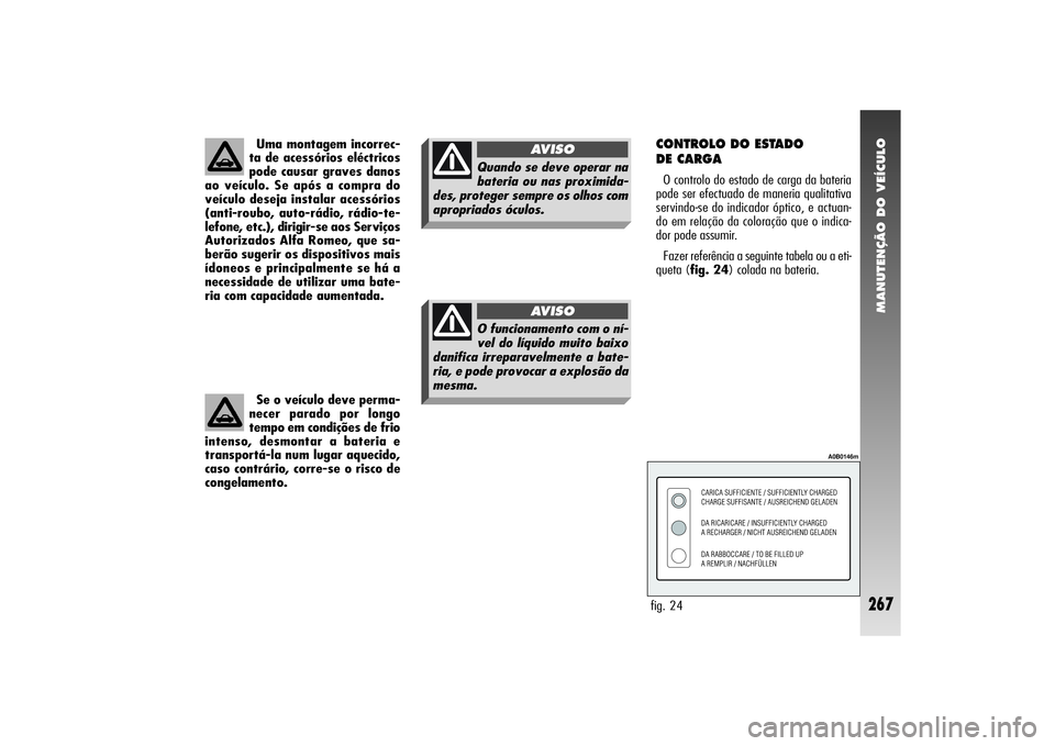 Alfa Romeo 156 2004  Manual de Uso e Manutenção (in Portuguese) MANUTENÇÃO DO VEÍCULO
267
Uma montagem incorrec-
ta de acessórios eléctricos
pode causar graves danos
ao veículo. Se após a compra do
veículo deseja instalar acessórios
(anti-roubo, auto-rád