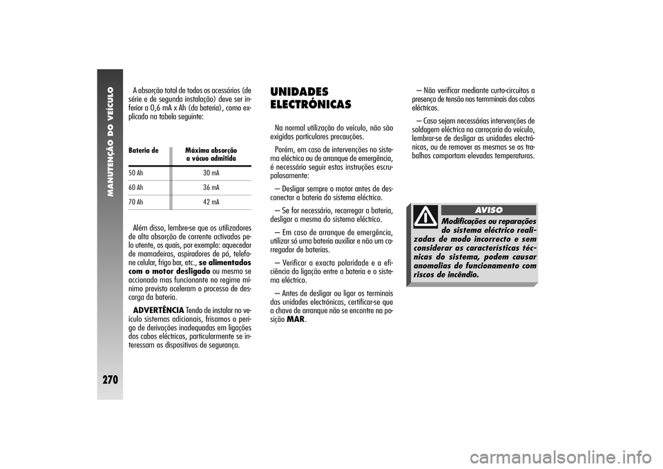 Alfa Romeo 156 2004  Manual de Uso e Manutenção (in Portuguese) MANUTENÇÃO DO VEÍCULO
270
– Não verificar mediante curto-circuitos a
presença de tensão nos termminais dos cabos
eléctricos.
– Caso sejam necessárias intervenções de
soldagem eléctrica 