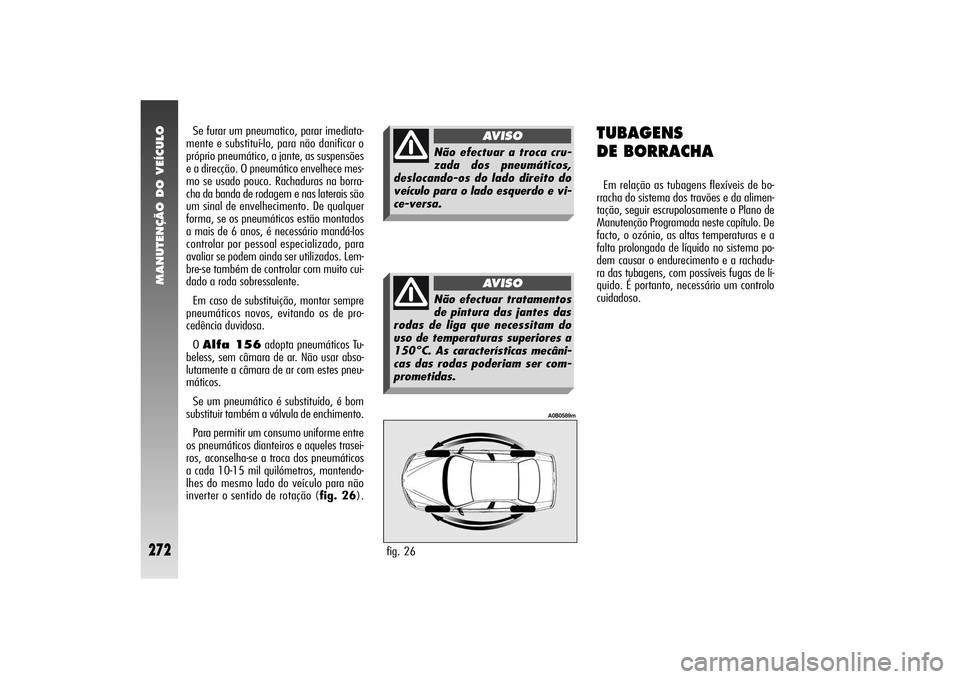 Alfa Romeo 156 2004  Manual de Uso e Manutenção (in Portuguese) MANUTENÇÃO DO VEÍCULO
272
fig. 26
A0B0589m
Se furar um pneumatico, parar imediata-
mente e substituí-lo, para não danificar o
próprio pneumático, a jante, as suspensões
e a direcção. O pneum