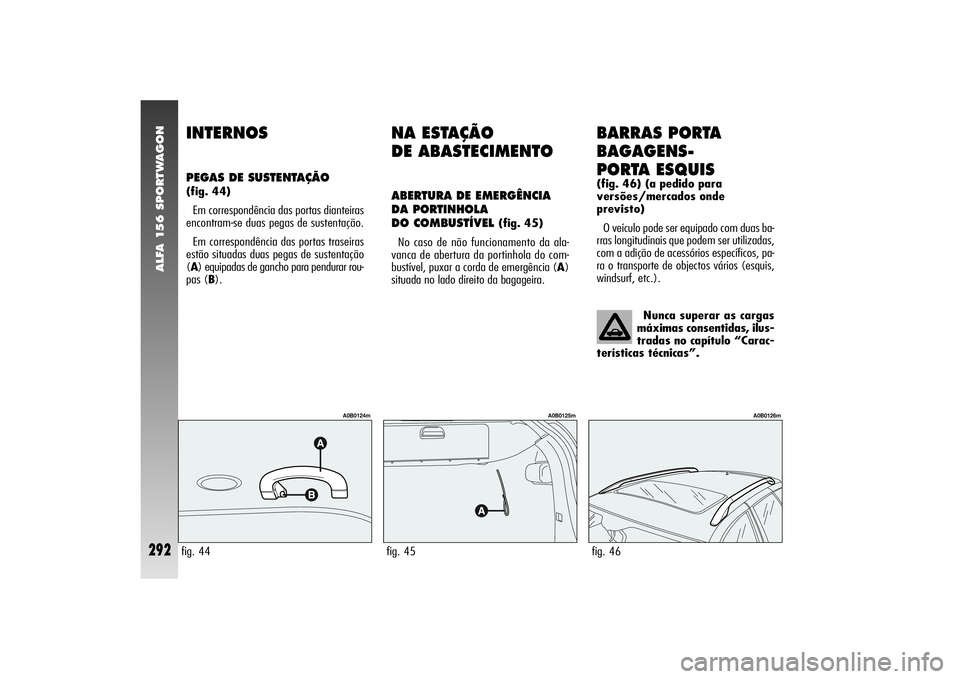 Alfa Romeo 156 2004  Manual de Uso e Manutenção (in Portuguese) ALFA 156 SPORTWAGON
292
NA ESTAÇÃO 
DE ABASTECIMENTOABERTURA DE EMERGÊNCIA
DA PORTINHOLA 
DO COMBUSTÍVEL 
(fig. 45)
No caso de não funcionamento da ala-
vanca de abertura da portinhola do com-
bu